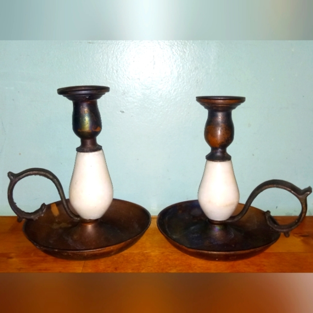 Pr Mid Century Solid Copper Candlesticks  W/Marble Design.